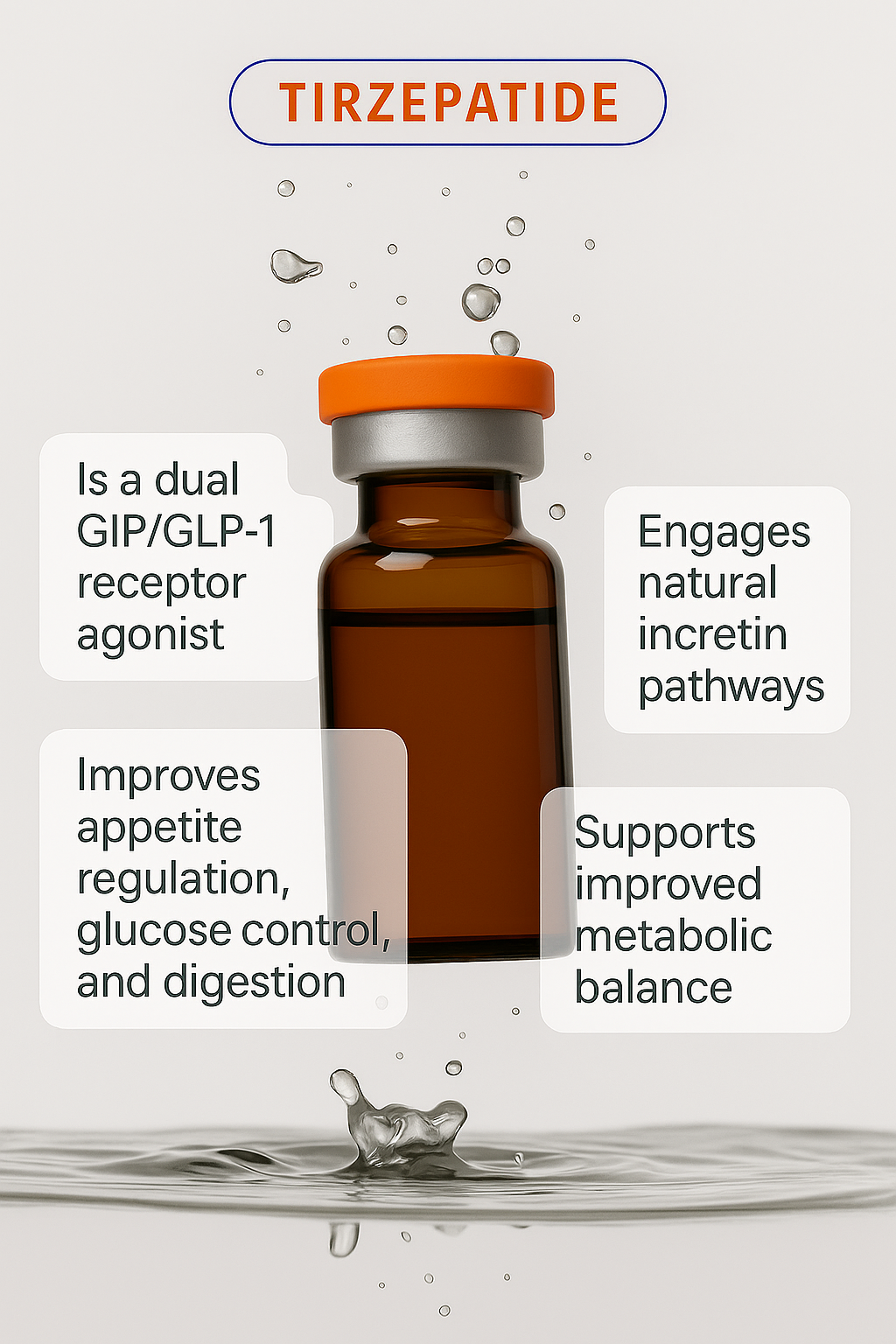 Vial of Tirzepatide with text about its functions on a white background