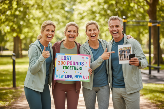 Two women and two men in their mid-to-late 40s excited about their weight loss