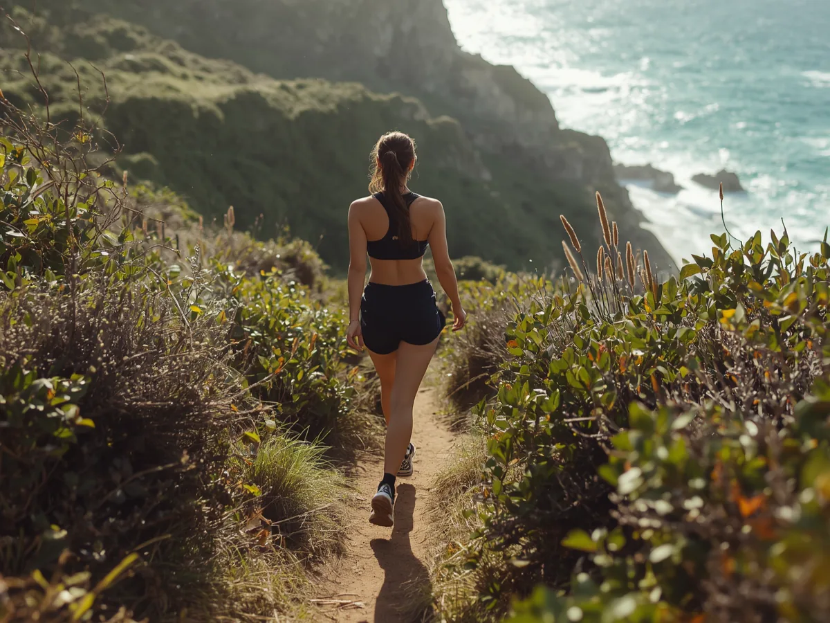A woman walking a coastal trail at golden hour, symbolizing a personal wellness journey