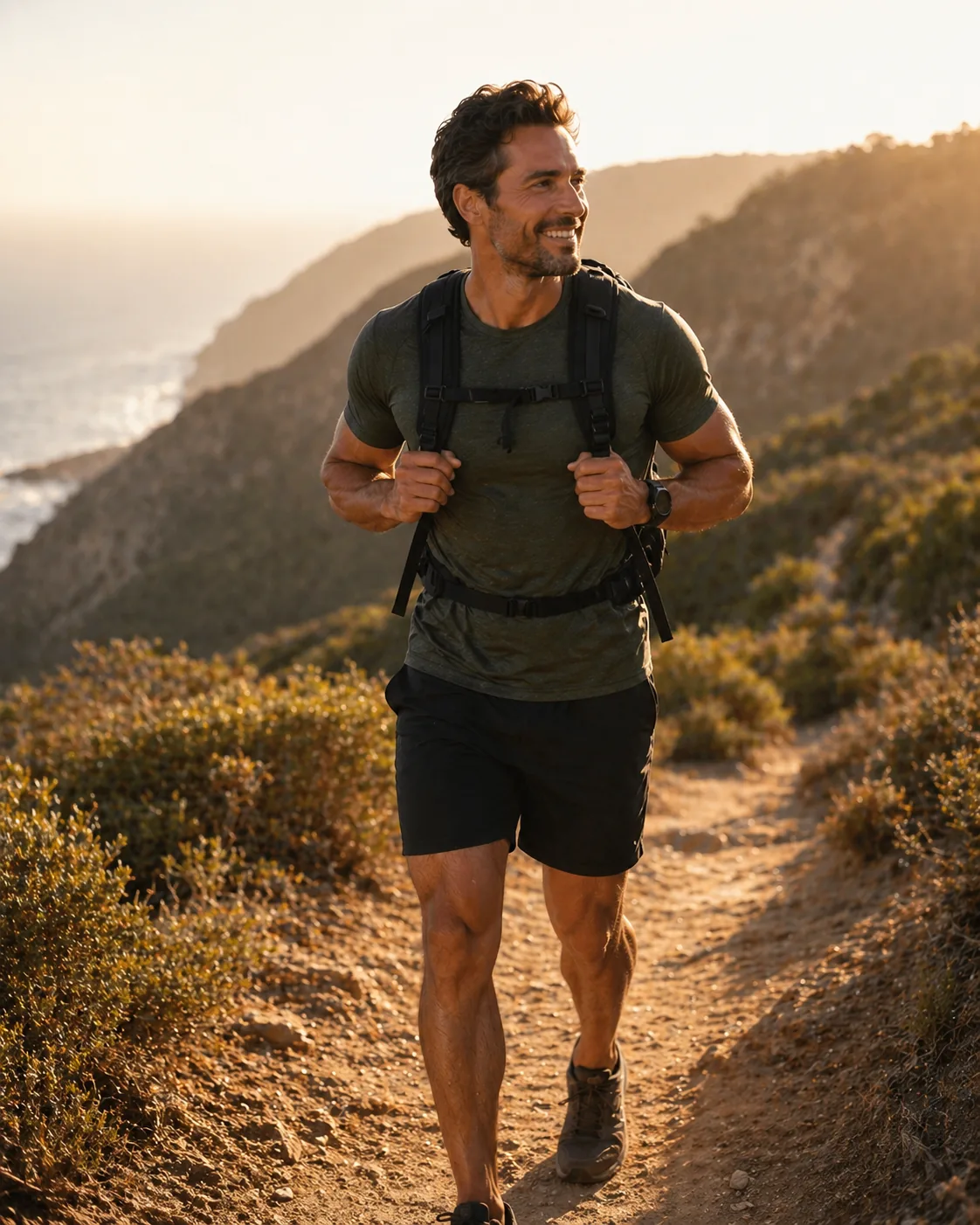 Man hiking coastal trail at golden hour — strength, vitality, and longevity