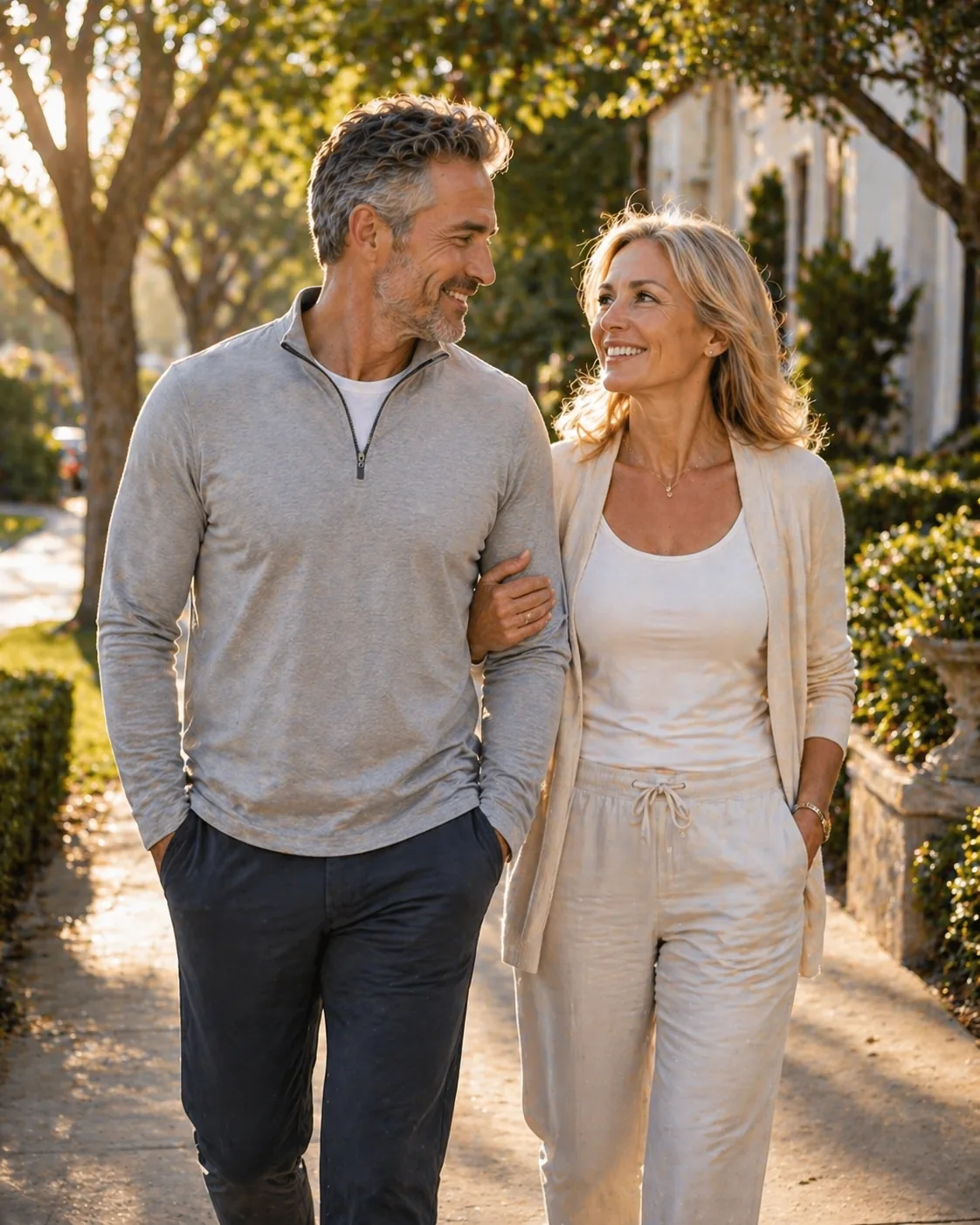 Mature couple walking arm-in-arm in golden hour — vitality, connection, and lasting wellness