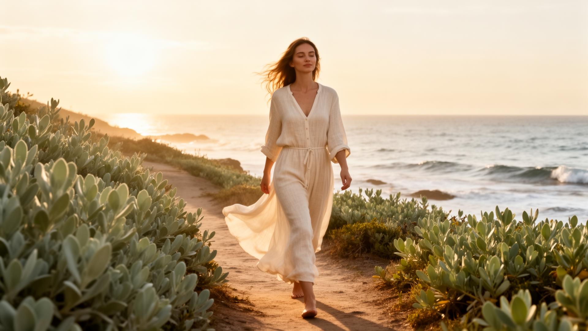 Woman walking along a coastal path at golden hour