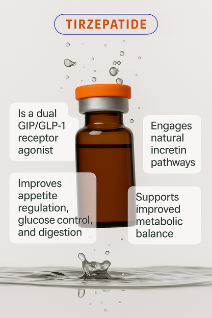Vial of Tirzepatide with text about its functions on a white background