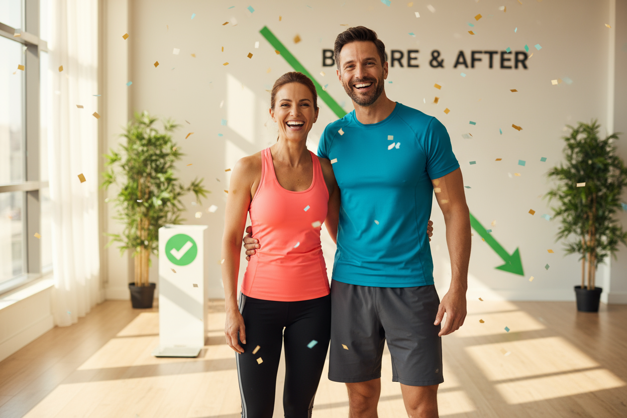 A man and woman in their mid-to-late 30s excited about their weight loss